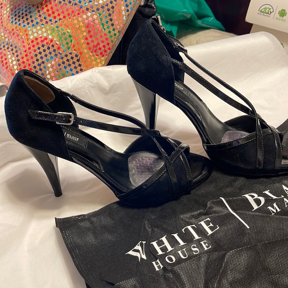 White House Black Market black suede and patent heels